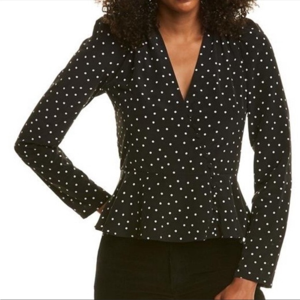 ML Monique Lhuillier Black Polka Dot Asymmetrical Button Blouse